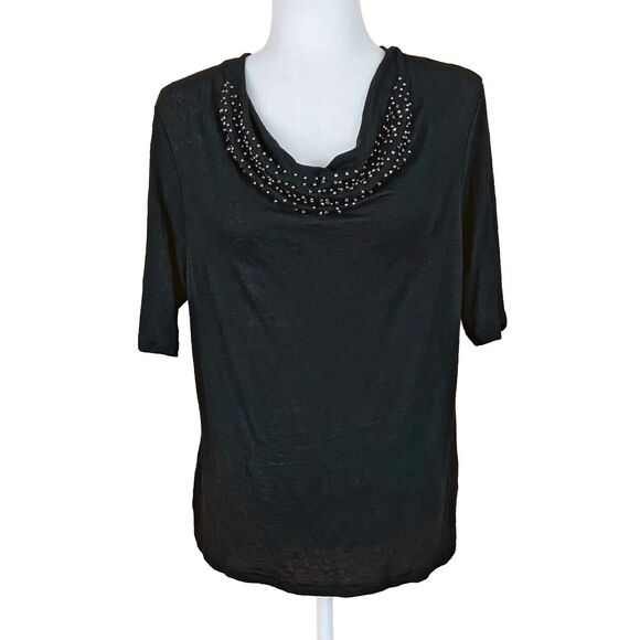 Gerry Weber Black Linen Top US 12 Studded Draped Cowl Neck Short Sleeves - Picture 1 of 8
